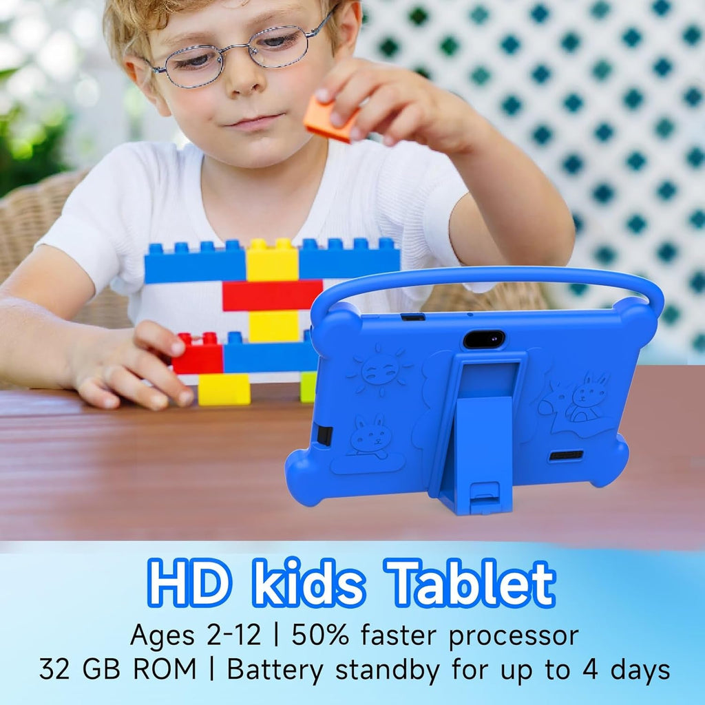 Kids Tablet 7 Inch for Kids 3-9, 32GB ROM, 4GB RAM, Android 12, Toddler Tablet with Shockproof Case, Parent Controls, Dual Camera, Wifi, FM, GPS, Blue