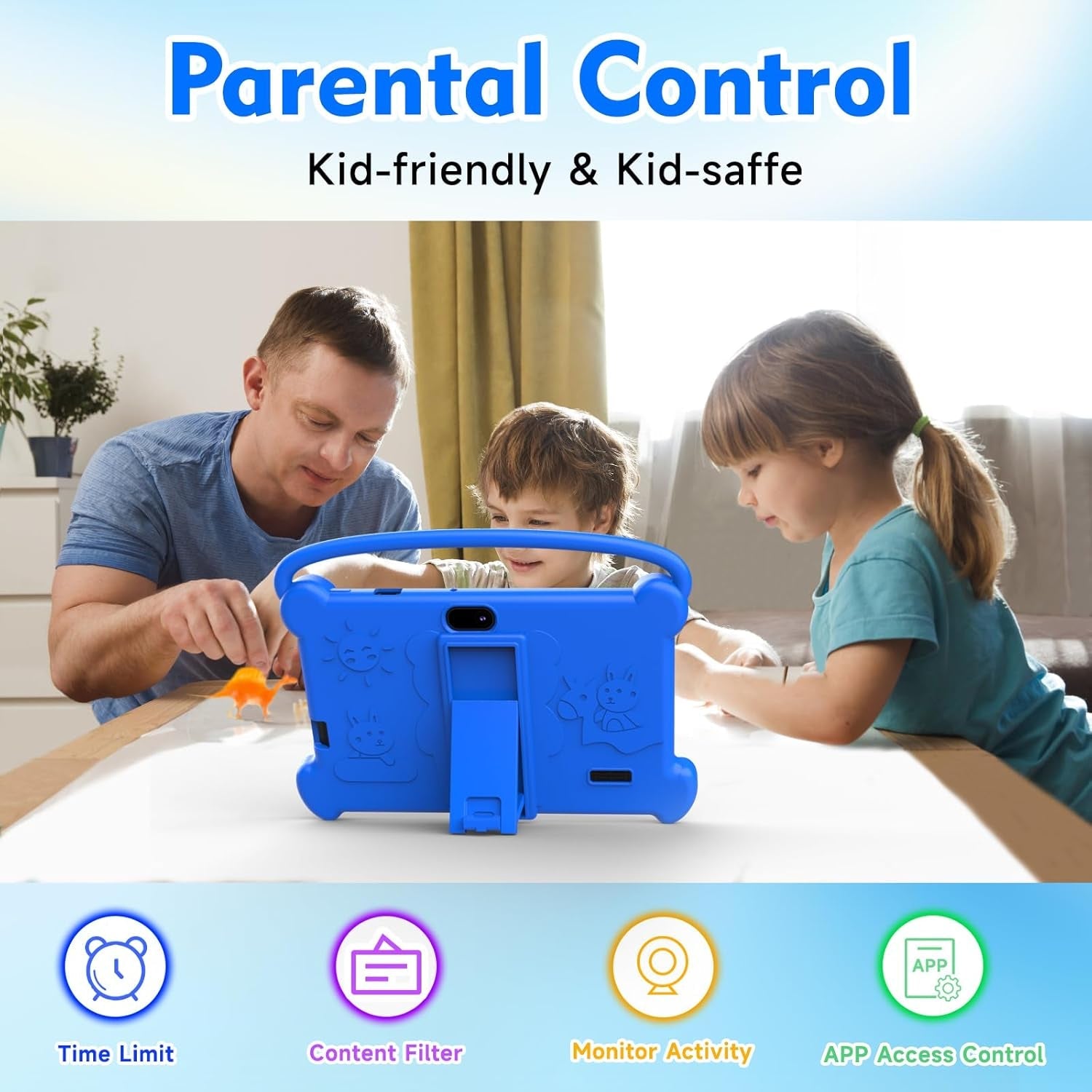Kids Tablet 7 Inch for Kids 3-9, 32GB ROM, 4GB RAM, Android 12, Toddler Tablet with Shockproof Case, Parent Controls, Dual Camera, Wifi, FM, GPS, Blue