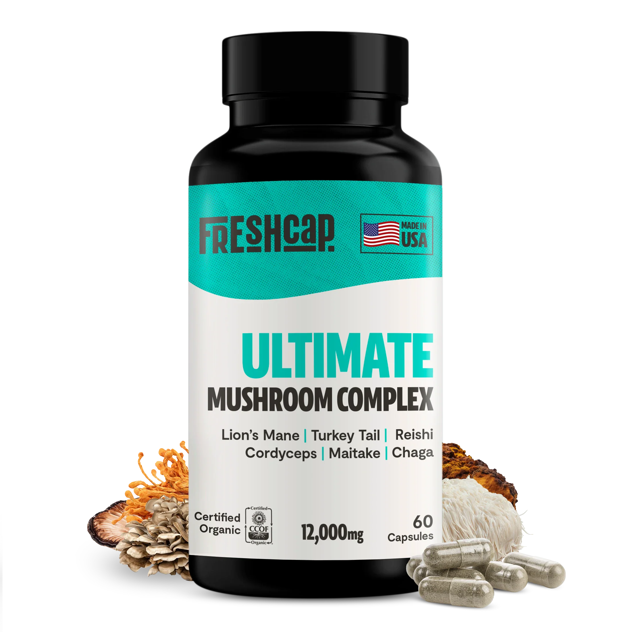 Organic Mushroom Complex Capsules — 6-Mushroom Blend, 12,000mg, Immunity & Focus