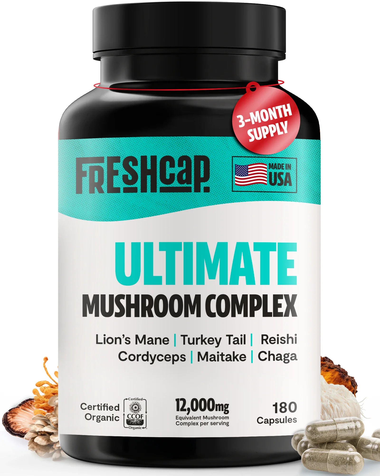 Organic Mushroom Complex Capsules — 6-Mushroom Blend, 12,000mg, Immunity & Focus