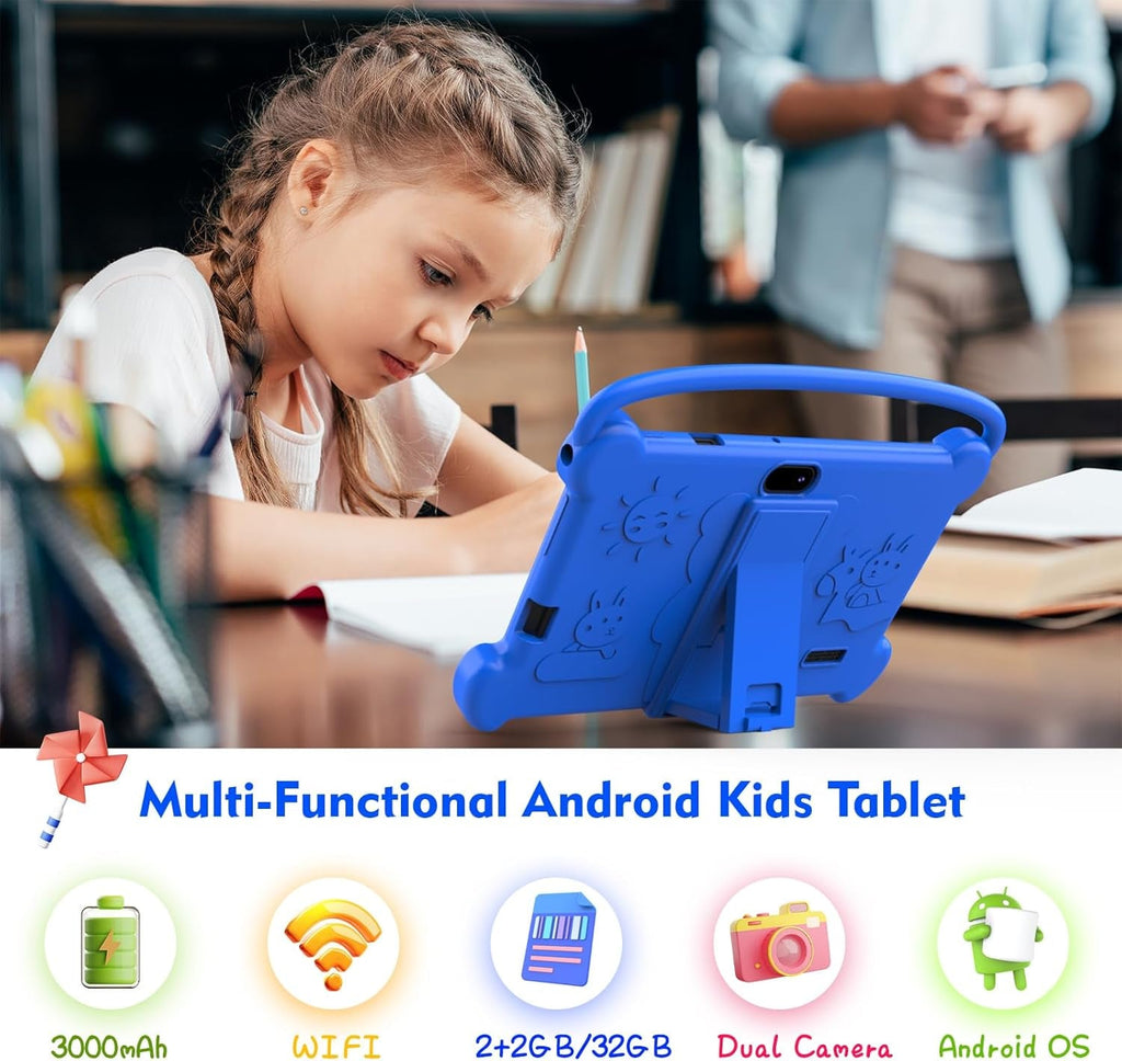 Kids Tablet 7 Inch for Kids 3-9, 32GB ROM, 4GB RAM, Android 12, Toddler Tablet with Shockproof Case, Parent Controls, Dual Camera, Wifi, FM, GPS, Blue