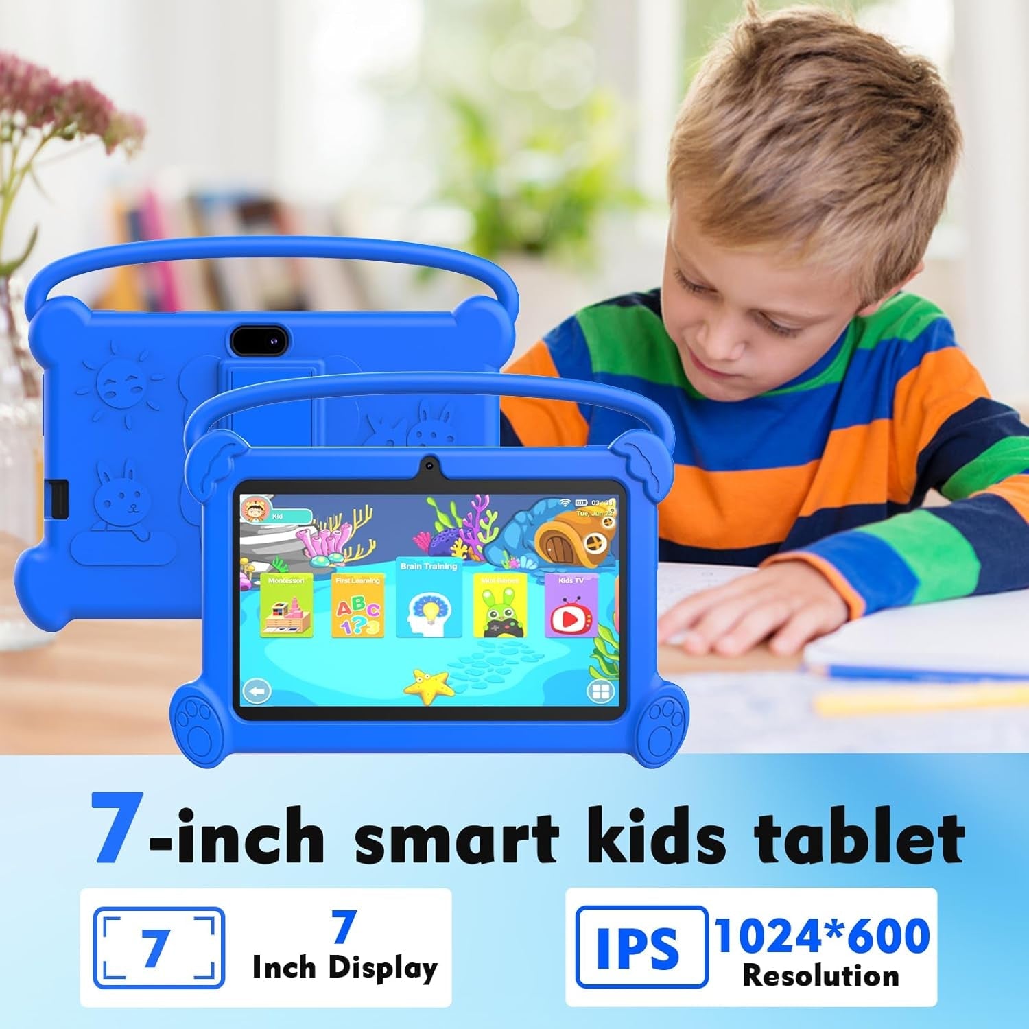Kids Tablet 7 Inch for Kids 3-9, 32GB ROM, 4GB RAM, Android 12, Toddler Tablet with Shockproof Case, Parent Controls, Dual Camera, Wifi, FM, GPS, Blue