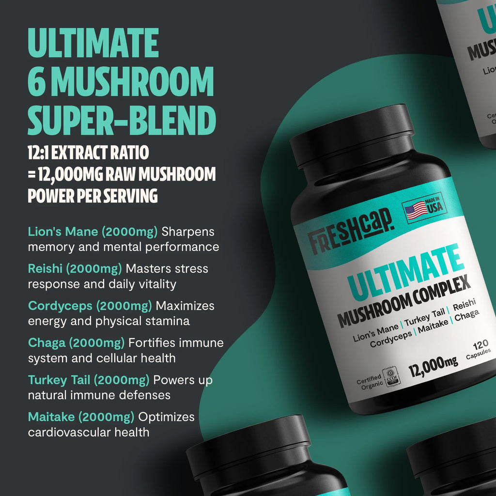Organic Mushroom Complex Capsules — 6-Mushroom Blend, 12,000mg, Immunity & Focus