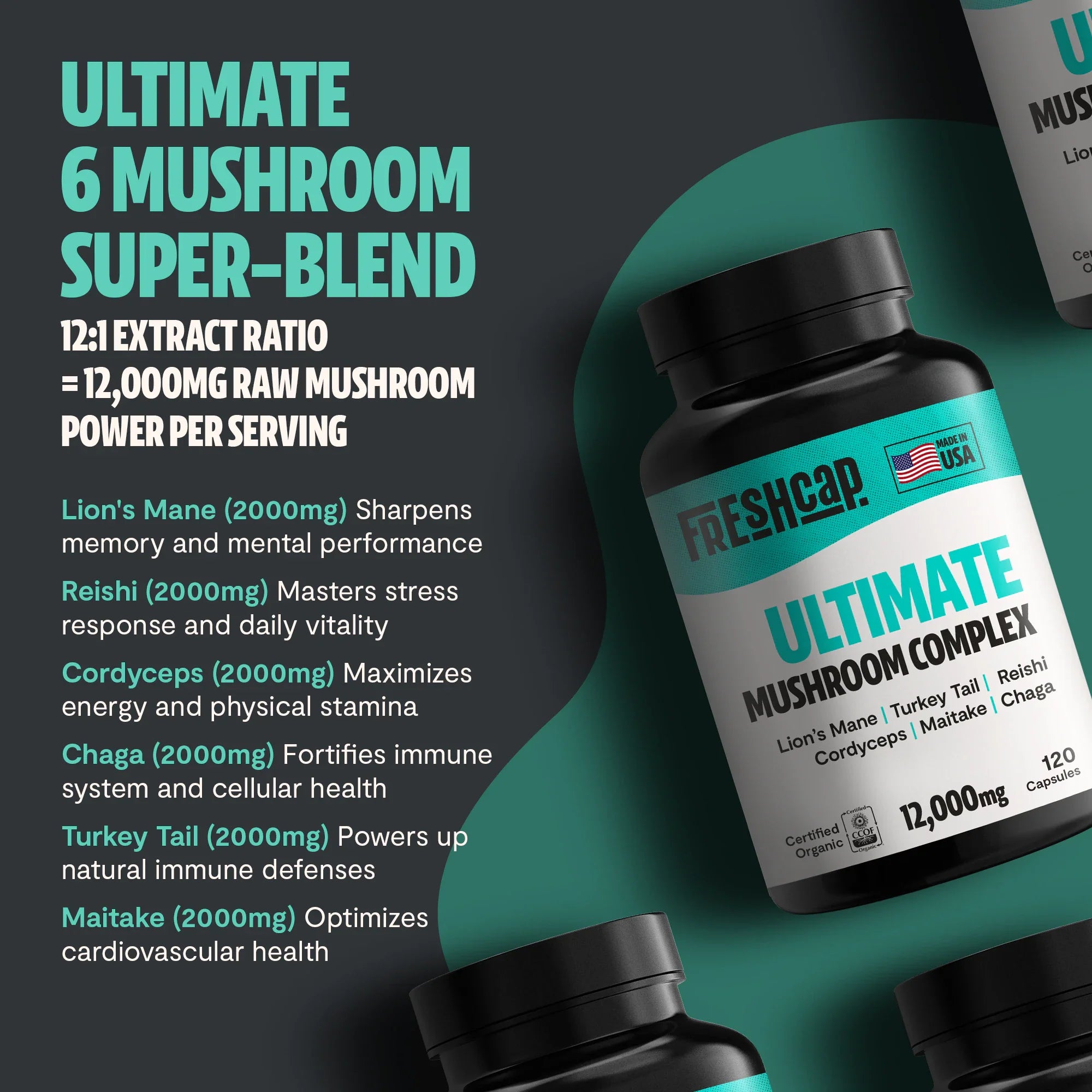 Organic Mushroom Complex Capsules — 6-Mushroom Blend, 12,000mg, Immunity & Focus