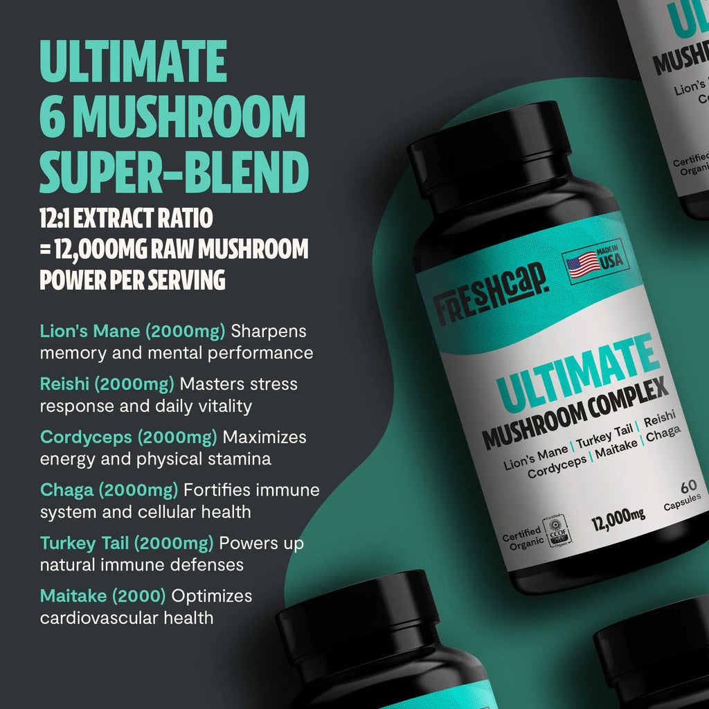 Organic Mushroom Complex Capsules — 6-Mushroom Blend, 12,000mg, Immunity & Focus