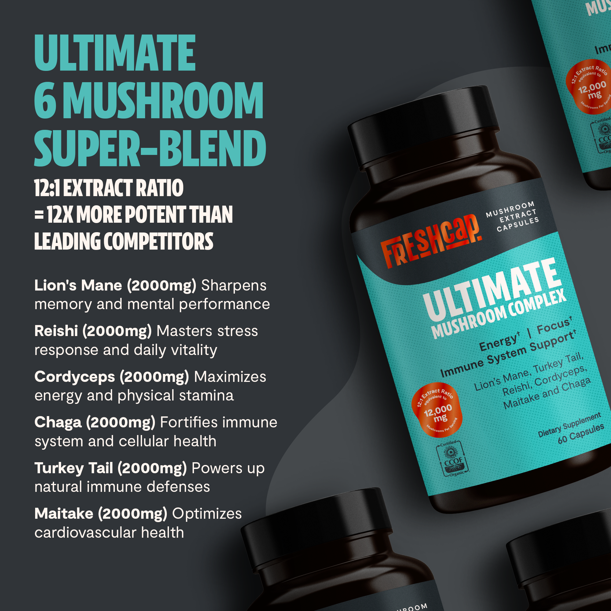 Organic Mushroom Complex Capsules — 6-Mushroom Blend, 12,000mg, Immunity & Focus