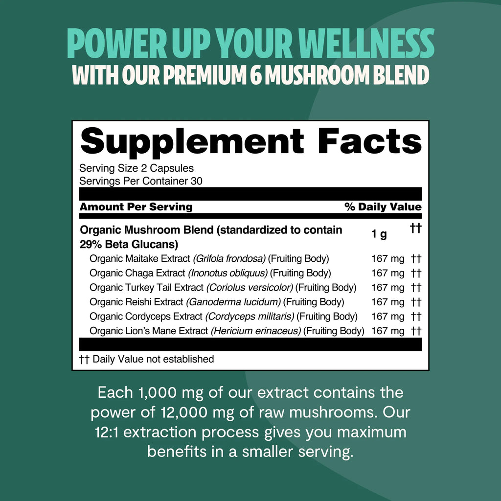 Organic Mushroom Complex Capsules — 6-Mushroom Blend, 12,000mg, Immunity & Focus