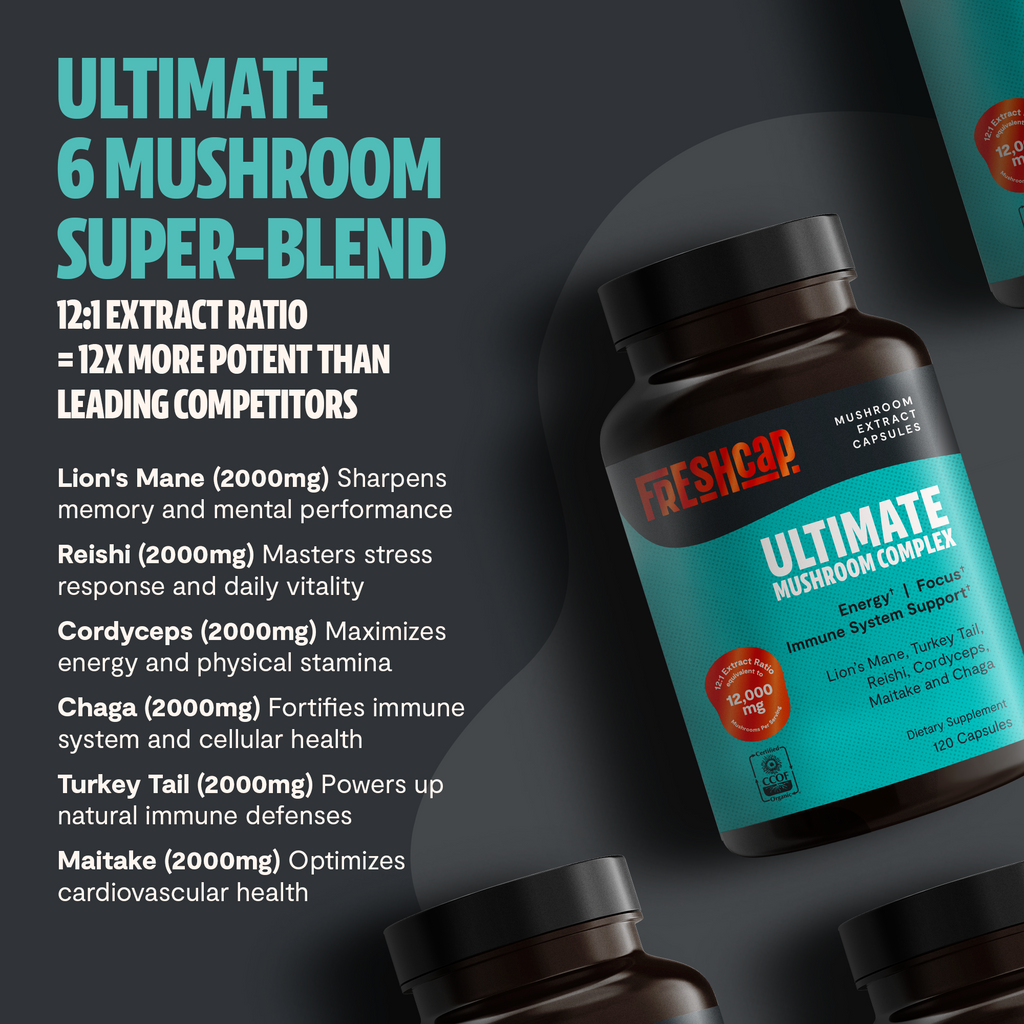Organic Mushroom Complex Capsules — 6-Mushroom Blend, 12,000mg, Immunity & Focus