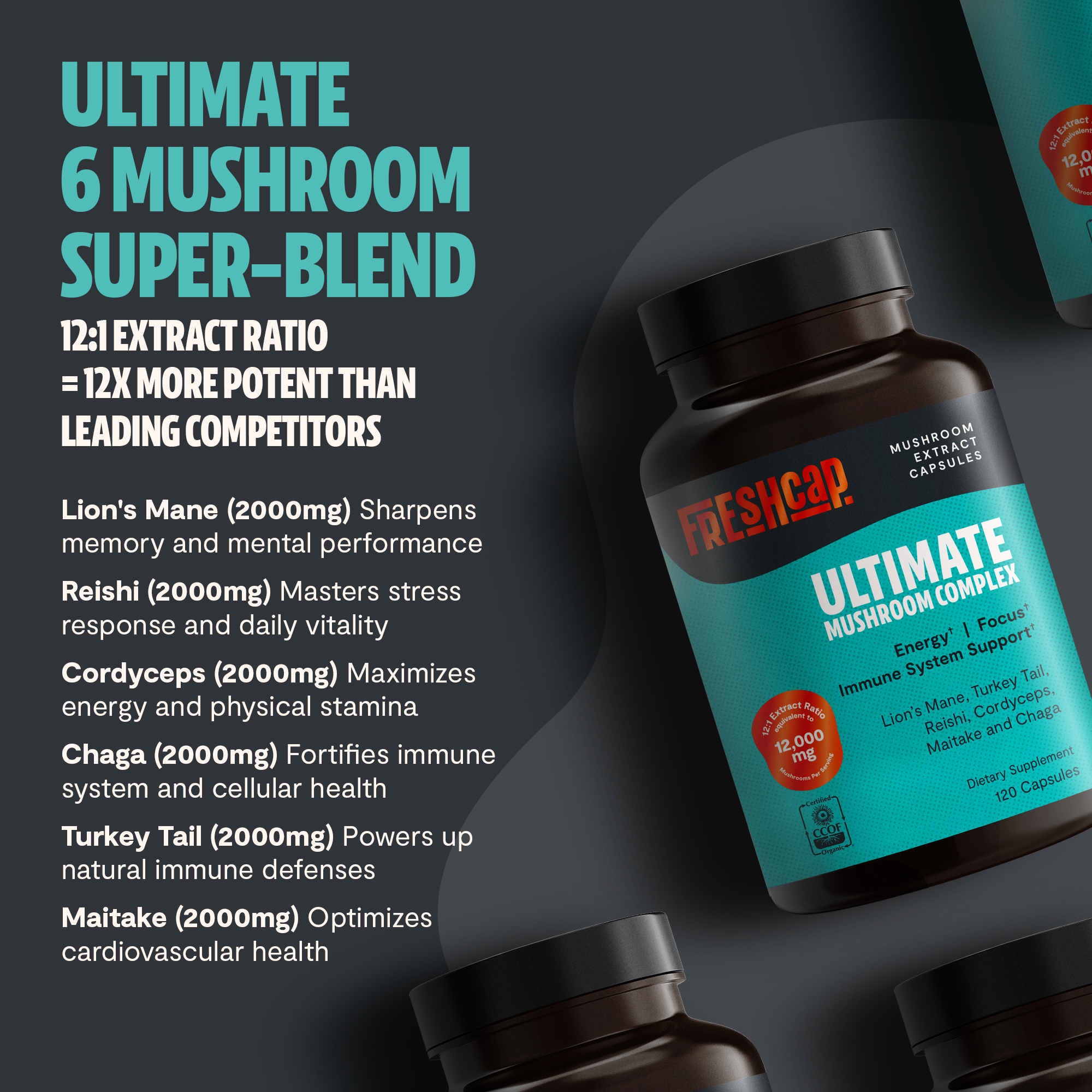 Organic Mushroom Complex Capsules — 6-Mushroom Blend, 12,000mg, Immunity & Focus