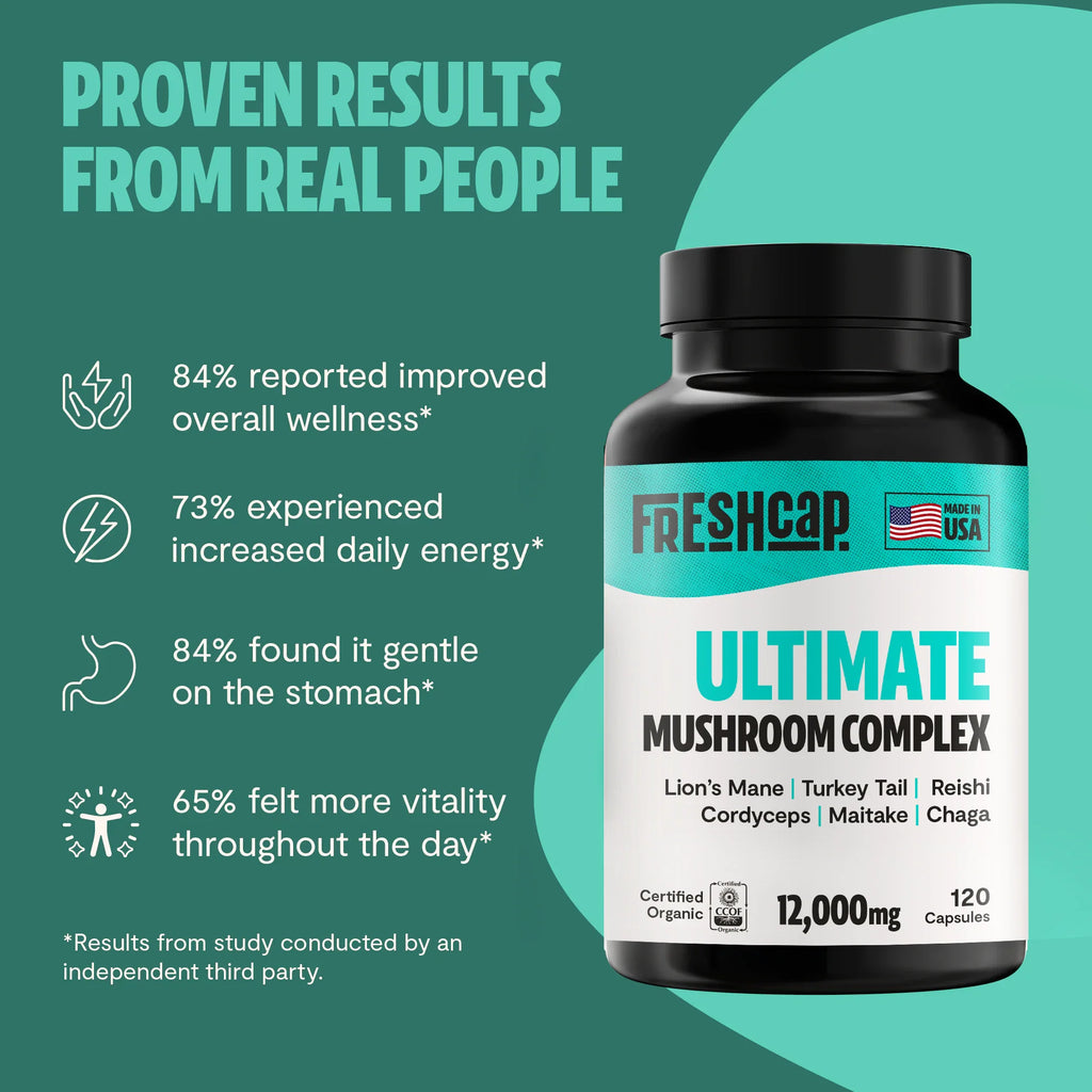 Organic Mushroom Complex Capsules — 6-Mushroom Blend, 12,000mg, Immunity & Focus