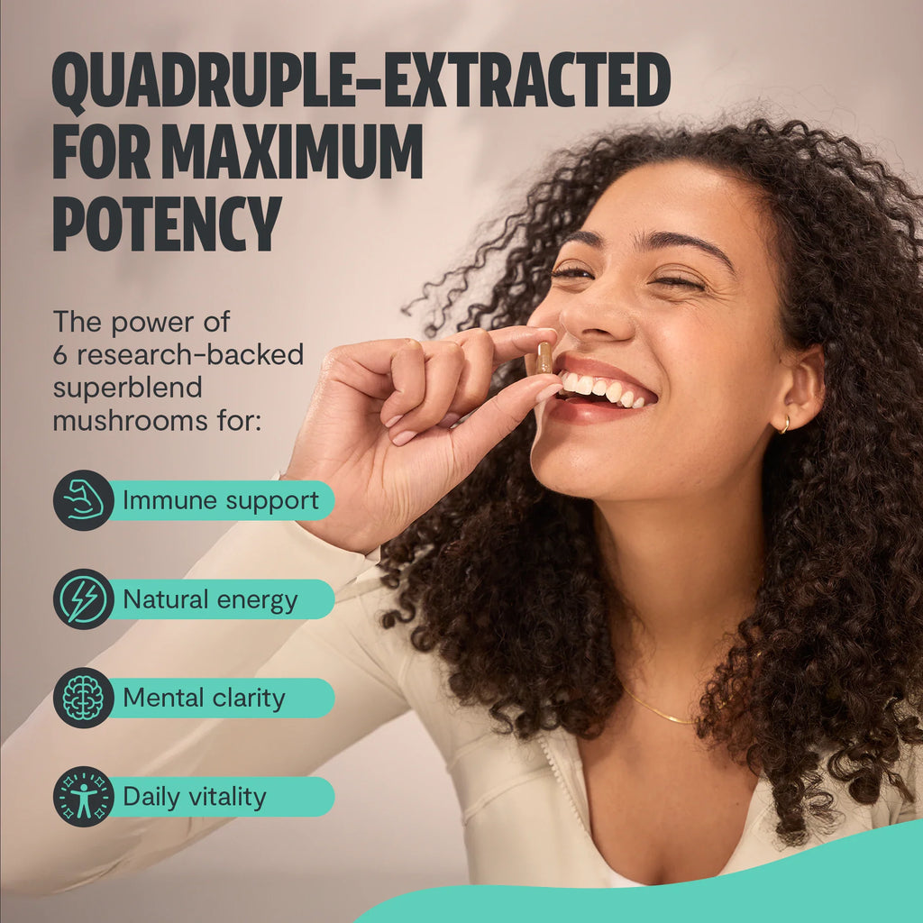 Organic Mushroom Complex Capsules — 6-Mushroom Blend, 12,000mg, Immunity & Focus