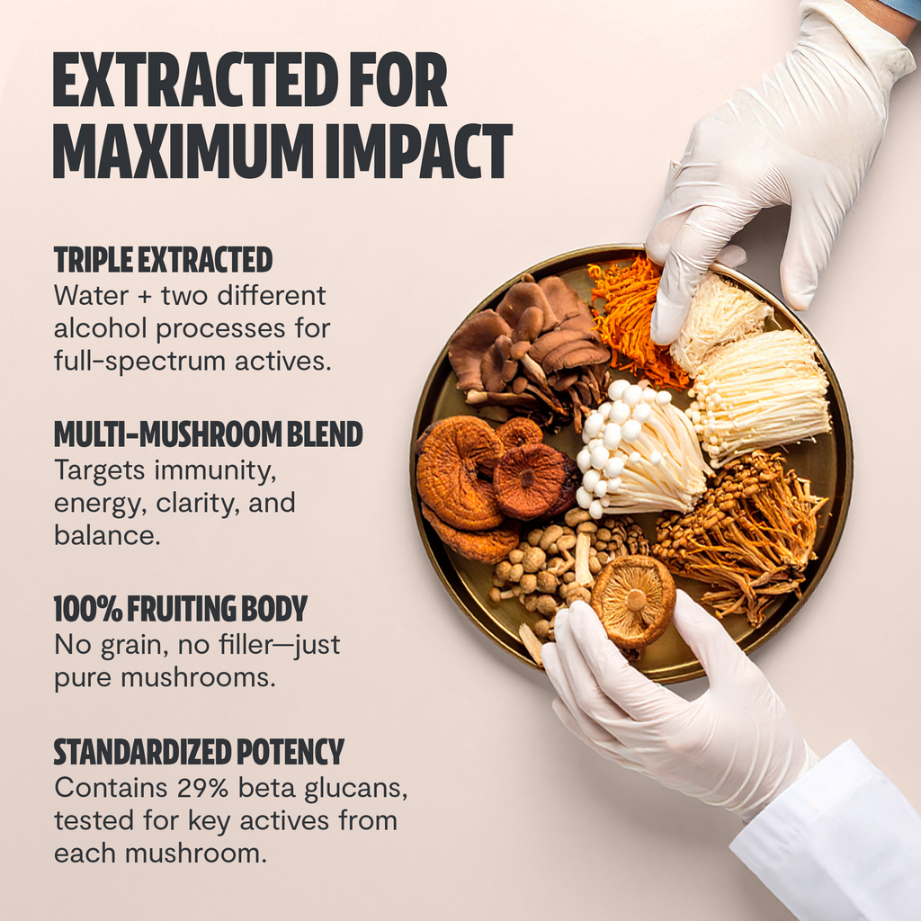Organic Mushroom Complex Capsules — 6-Mushroom Blend, 12,000mg, Immunity & Focus
