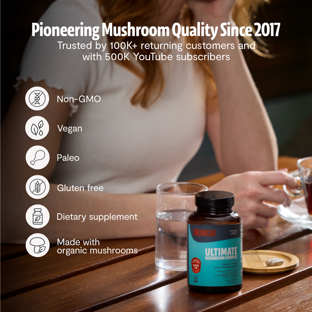 Organic Mushroom Complex Capsules — 6-Mushroom Blend, 12,000mg, Immunity & Focus
