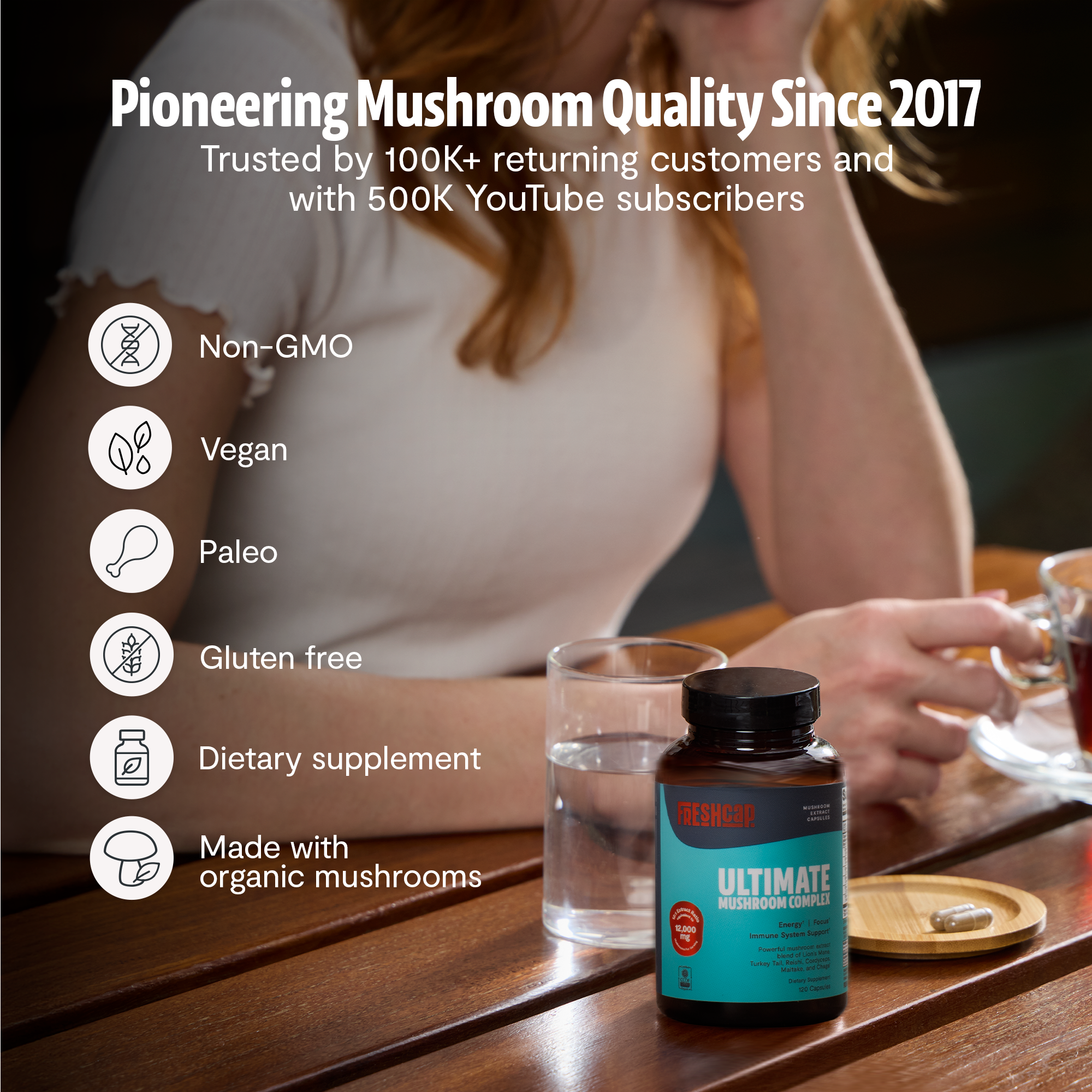 Organic Mushroom Complex Capsules — 6-Mushroom Blend, 12,000mg, Immunity & Focus