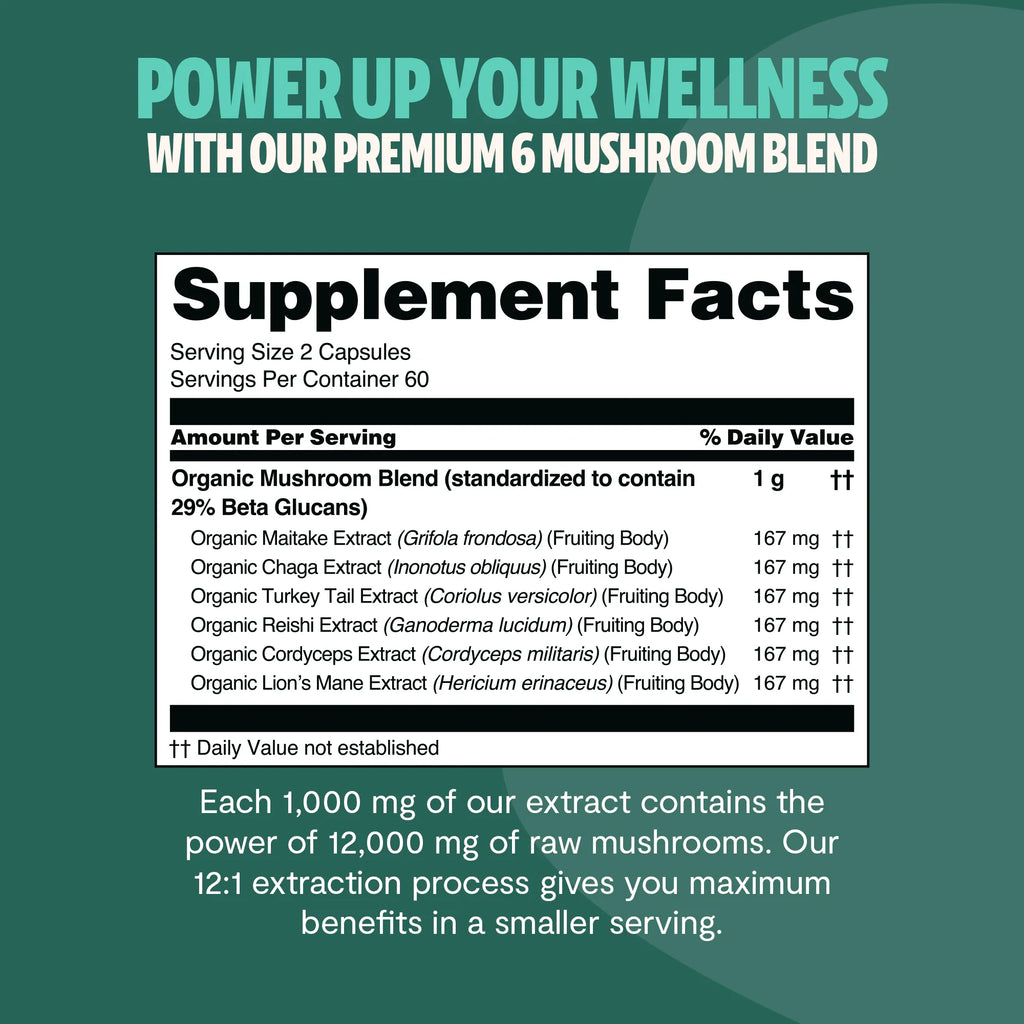 Organic Mushroom Complex Capsules — 6-Mushroom Blend, 12,000mg, Immunity & Focus