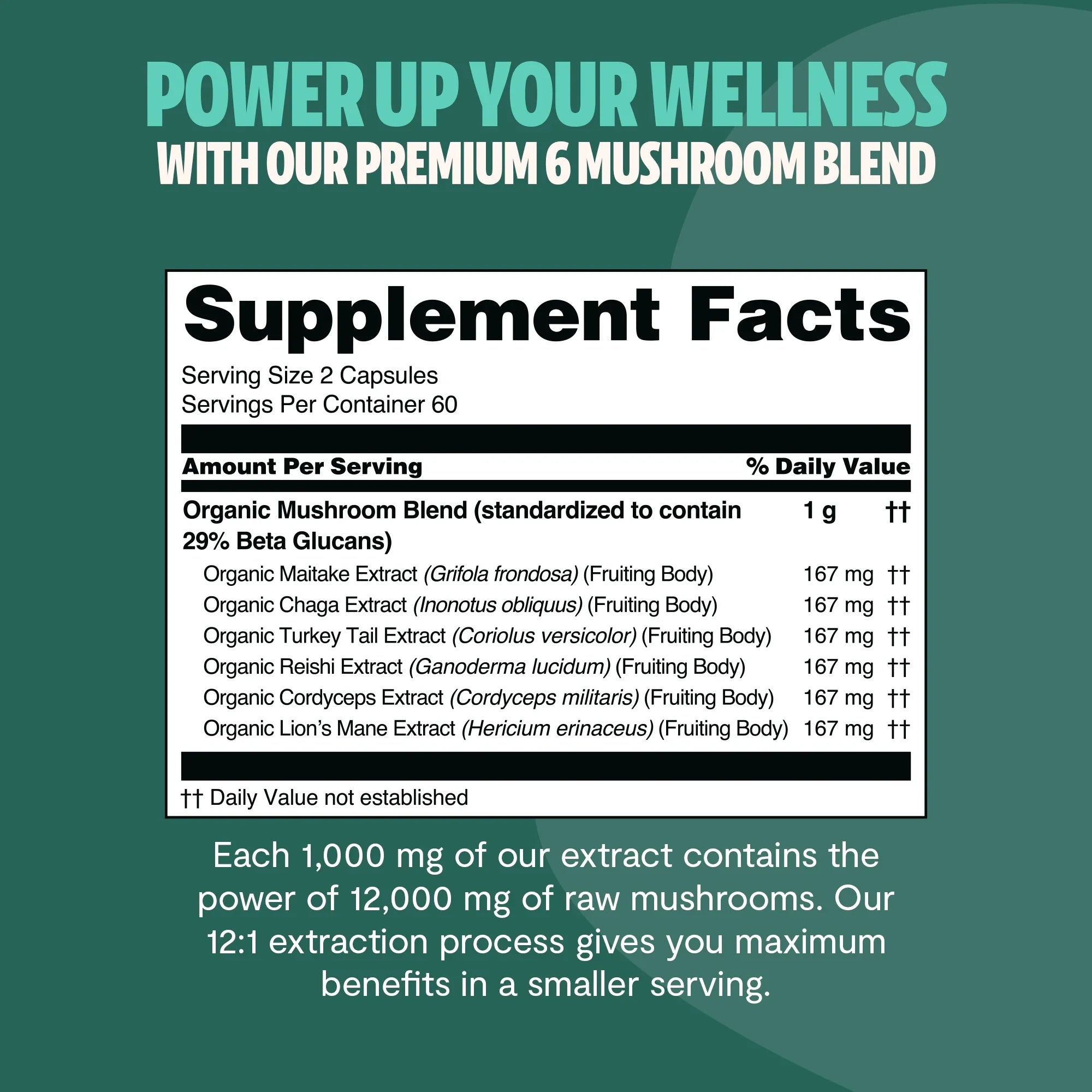 Organic Mushroom Complex Capsules — 6-Mushroom Blend, 12,000mg, Immunity & Focus