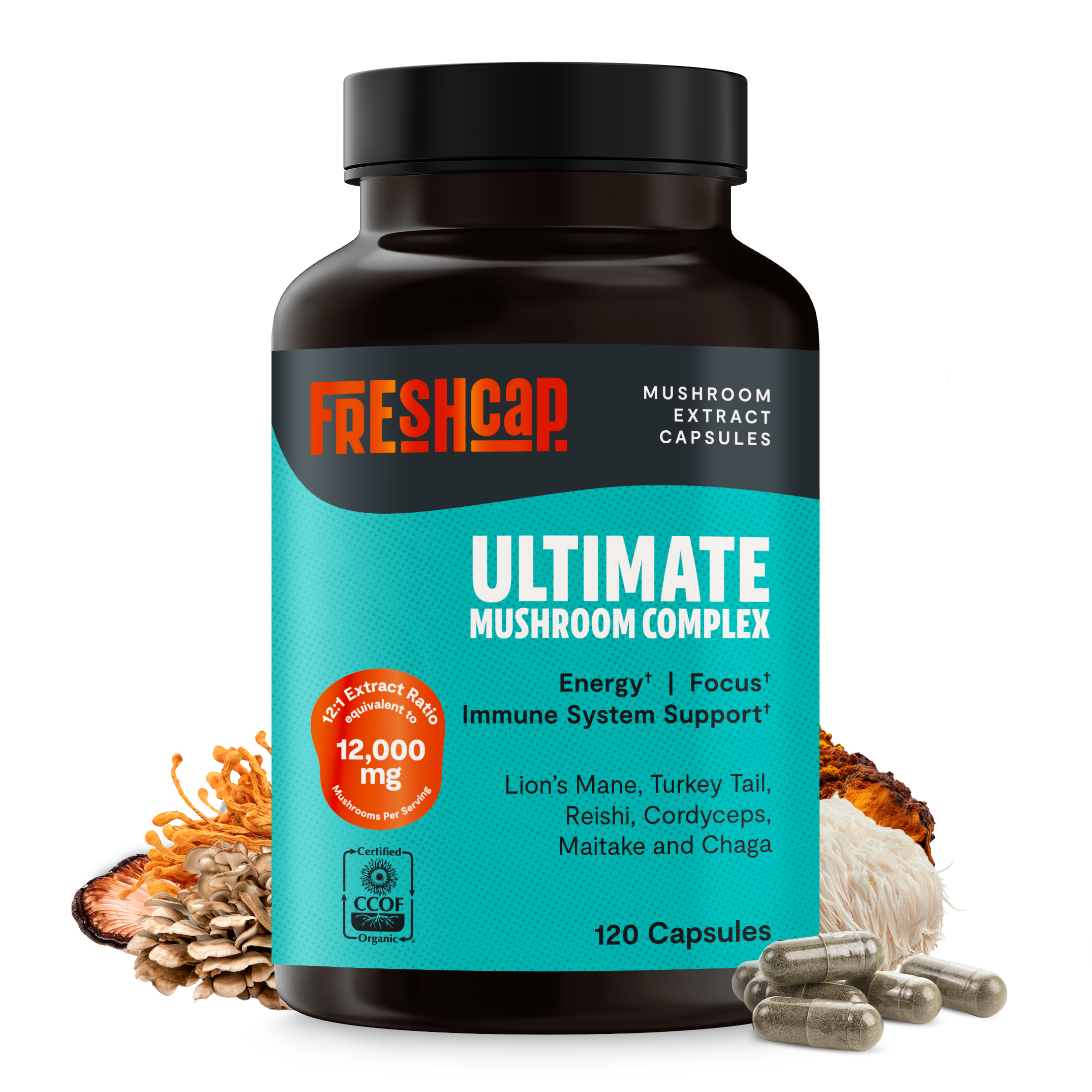 Organic Mushroom Complex Capsules — 6-Mushroom Blend, 12,000mg, Immunity & Focus