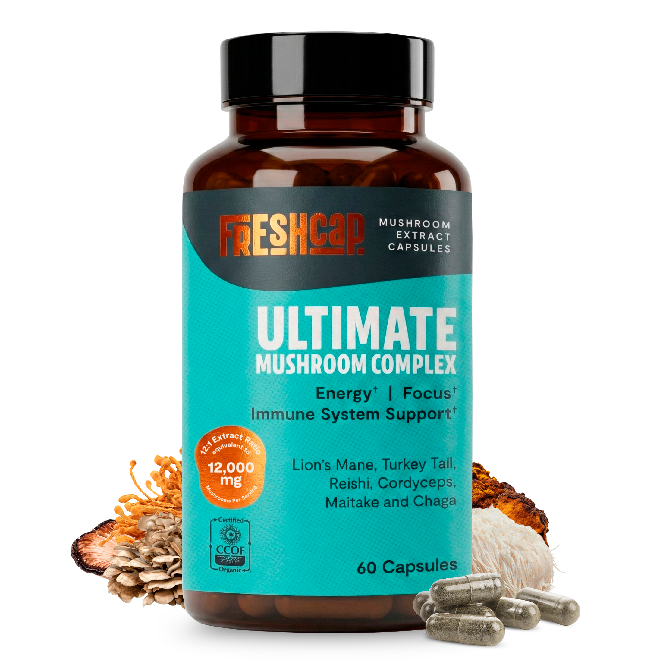 Organic Mushroom Complex Capsules — 6-Mushroom Blend, 12,000mg, Immunity & Focus